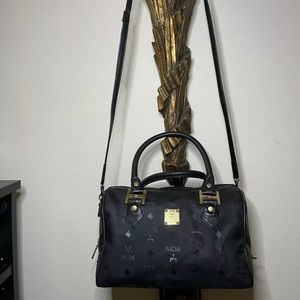 Authentic MCM Visetos Vintage PVC Leather Boston Hand Bag Black